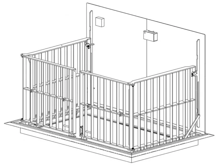 Elevator platform with safety railings illustration.