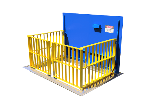 Loading dock safety gate with blue barrier.