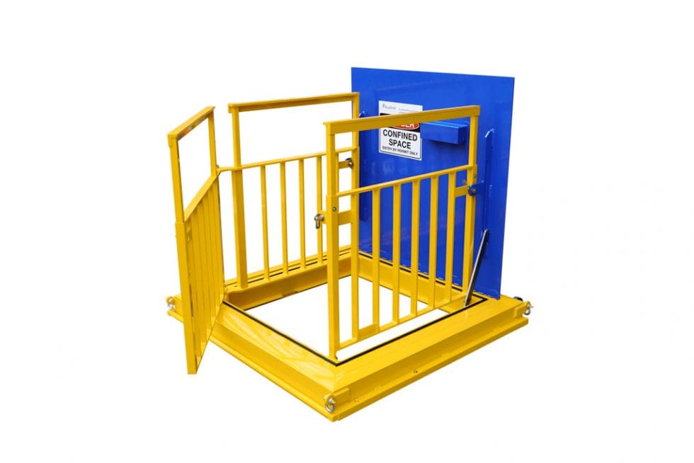 Yellow safety gate with blue background.