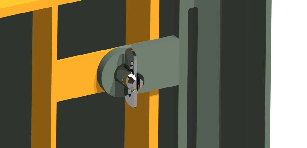 Key inserted into a yellow and gray lock.
