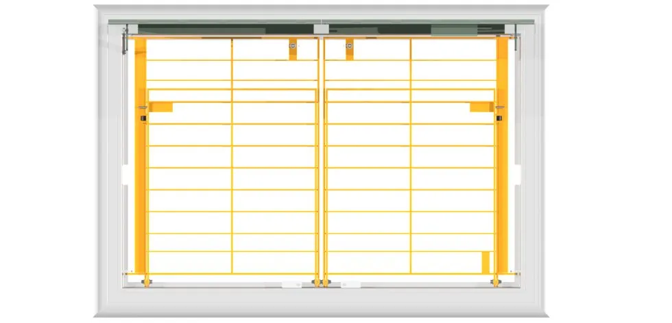 White-framed window with yellow safety bars.