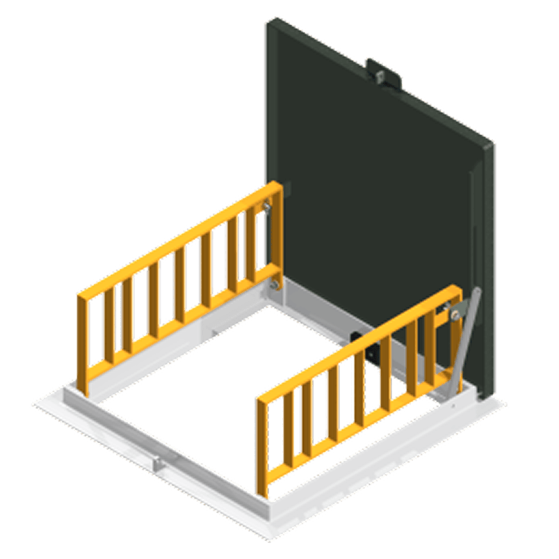 Open hatch with yellow safety rails.