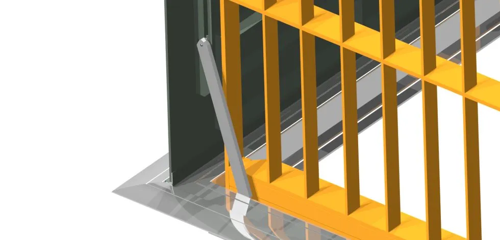 Yellow metal gate with locking mechanism illustration.