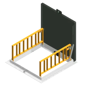 Roof hatch with yellow safety railing.