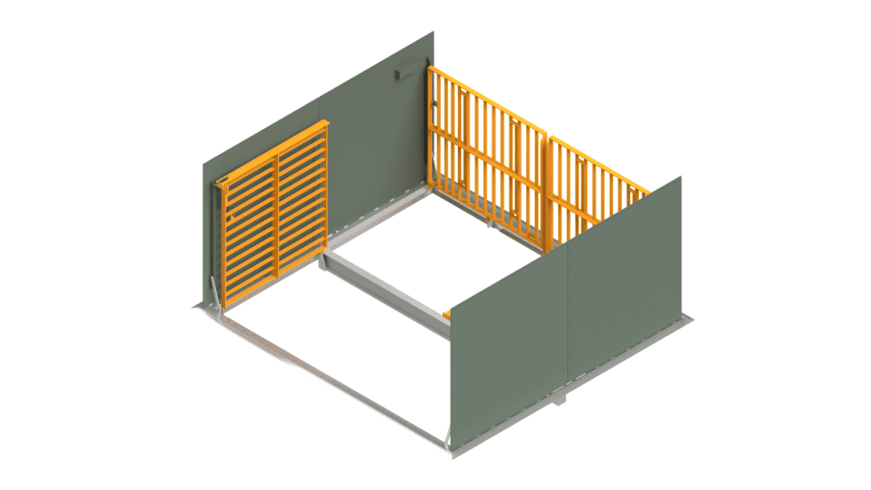 Industrial enclosure with metal gates and walls.
