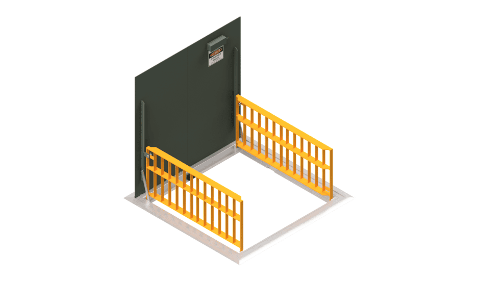 Yellow safety barrier with dark green backdrop.